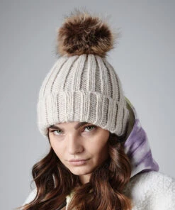 BEECHFIELD Women's Snowfall Rib Knit Acrylic Pom Beanie {BC412}