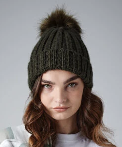 BEECHFIELD Women's Verbier Chunky Rib Knit Acrylic Pom Beanie {BC413}